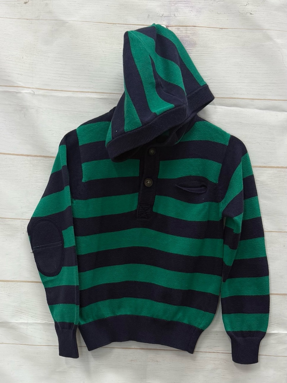 Jacadi Hooded Stripe Sweater - Green & Navy Size 4
